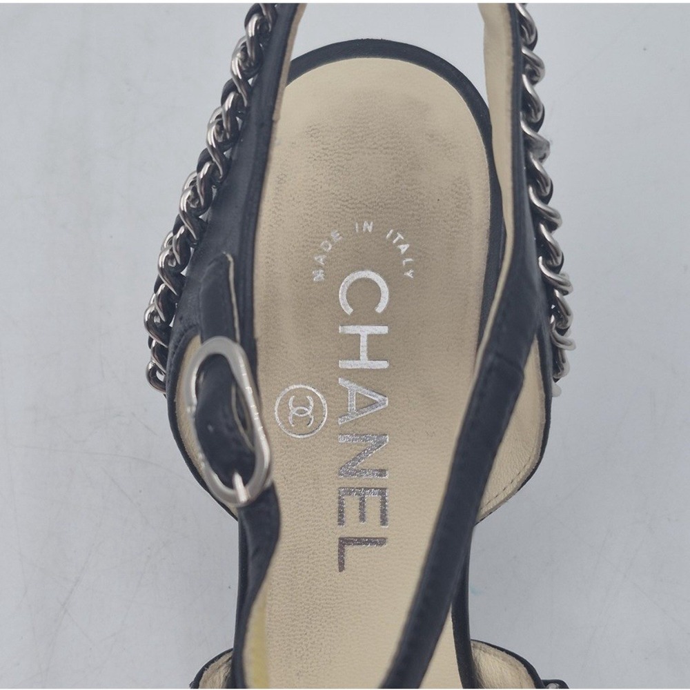 CHANEL Black Chain T-Strap Sandal Heels 39.5 8.5 Silver CC Block - Picture 9 of 12